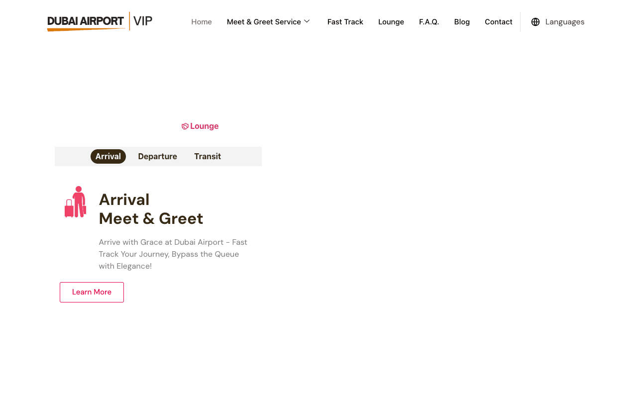 Dubai Airport VIP web sitesi ekran görüntüsü