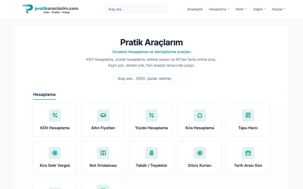 Pratik Araçlarım web sitesi ekran görüntüsü